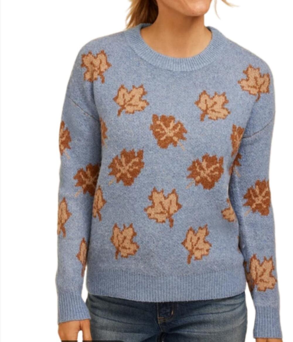 Maurices Womens Light Blue Fall Maple Leaf Jacquard Knit Sweater Size XXL